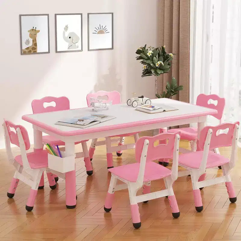 Set Tavolo e 6 Sedie per Bambini, Tavolo per Bambini Regolabile in Altezza, Scrivania Graffiti, Tavolo da Studio per Bambini per 6 Posti per Asilo Nido Casa Scuola Materna per Età 2-10 Anni