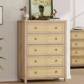 Rattan Dresser for Bedroom with 5 Drawers, 45'' Tall Chest of Large Drawers with Large Clothes Storage Cabinet, Wood Bedroom Dresser, TV Stand