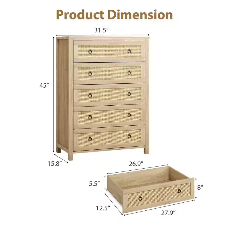 Cassettiera in Rattan per Camera da Letto con 5 Cassetti, Comò Alto 45'' con Grandi Cassetti e Ampio Armadietto per Vestiti, Cassettiera in Legno per Camera da Letto, Porta TV