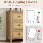 Cassettiera in Rattan per Camera da Letto con 5 Cassetti, Comò Alto 45'' con Grandi Cassetti e Ampio Armadietto per Vestiti, Cassettiera in Legno per Camera da Letto, Porta TV