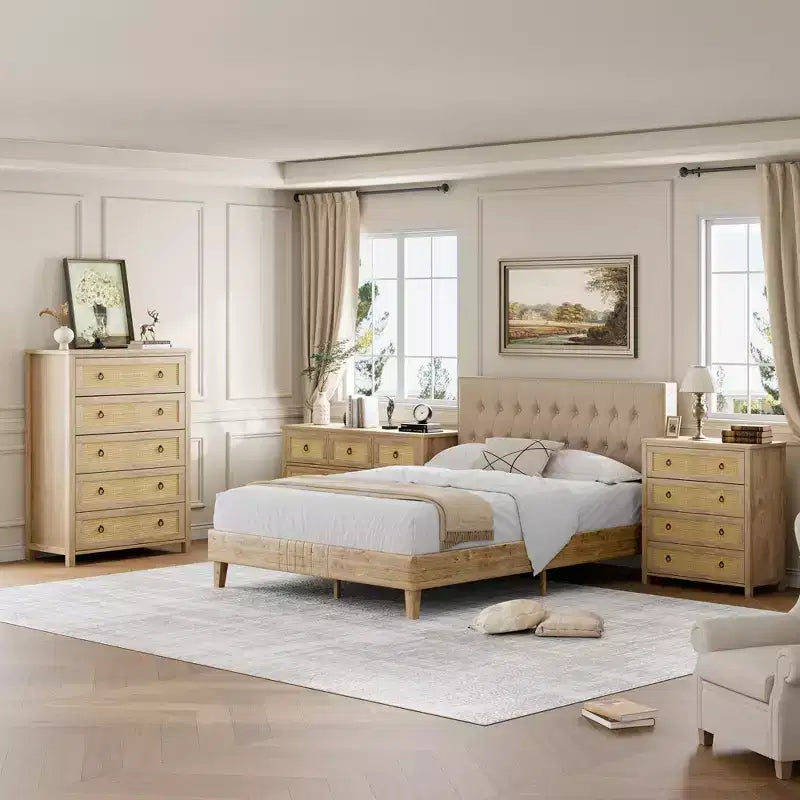 Cassettiera in Rattan per Camera da Letto con 5 Cassetti, Comò Alto 45'' con Grandi Cassetti e Ampio Armadietto per Vestiti, Cassettiera in Legno per Camera da Letto, Porta TV
