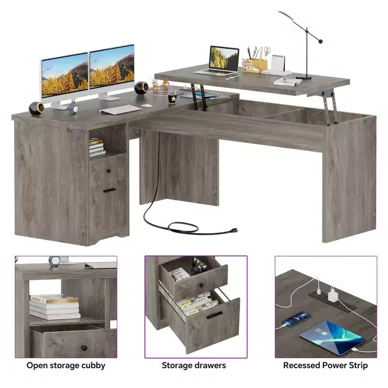 Scrivania per computer con piano sollevabile da 56'' con cassetti e prese di corrente