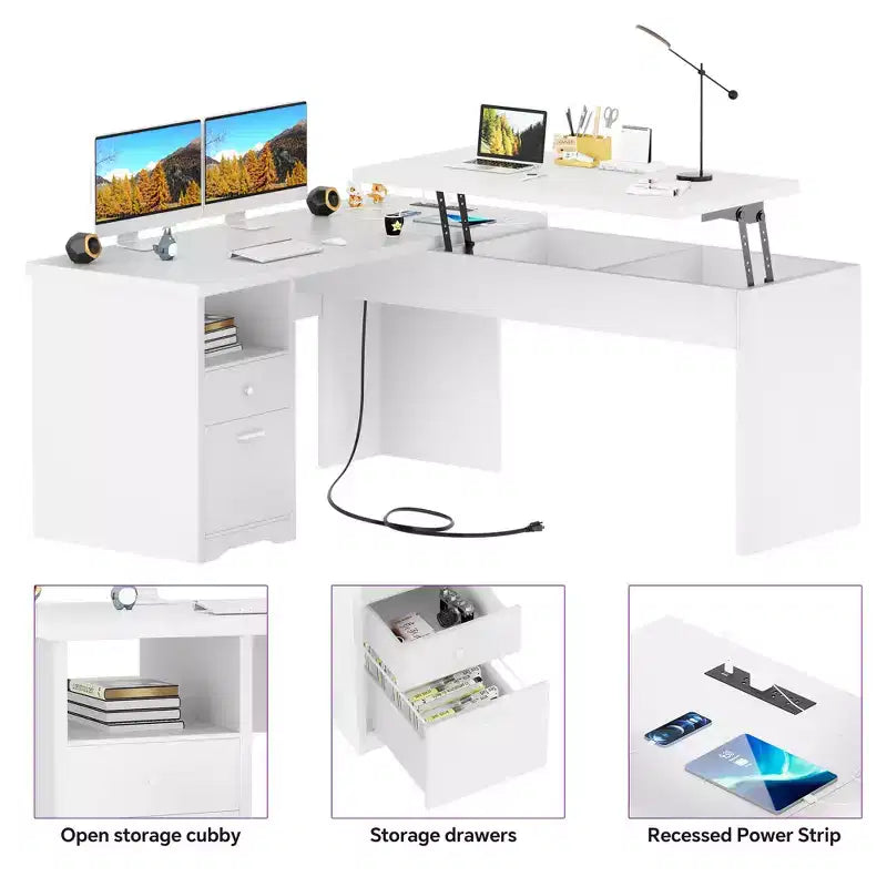 Scrivania per computer con piano sollevabile da 56'' con cassetti e prese di corrente