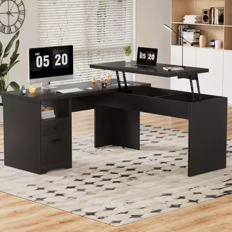 Scrivania per computer con piano sollevabile da 56'' con cassetti e prese di corrente