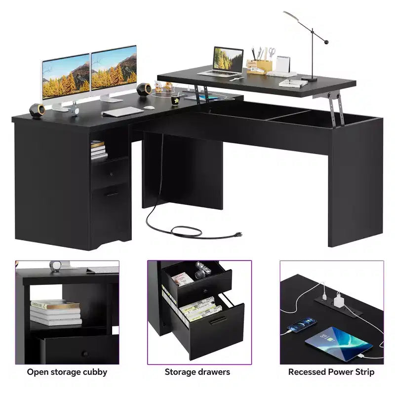 Scrivania per computer con piano sollevabile da 56'' con cassetti e prese di corrente