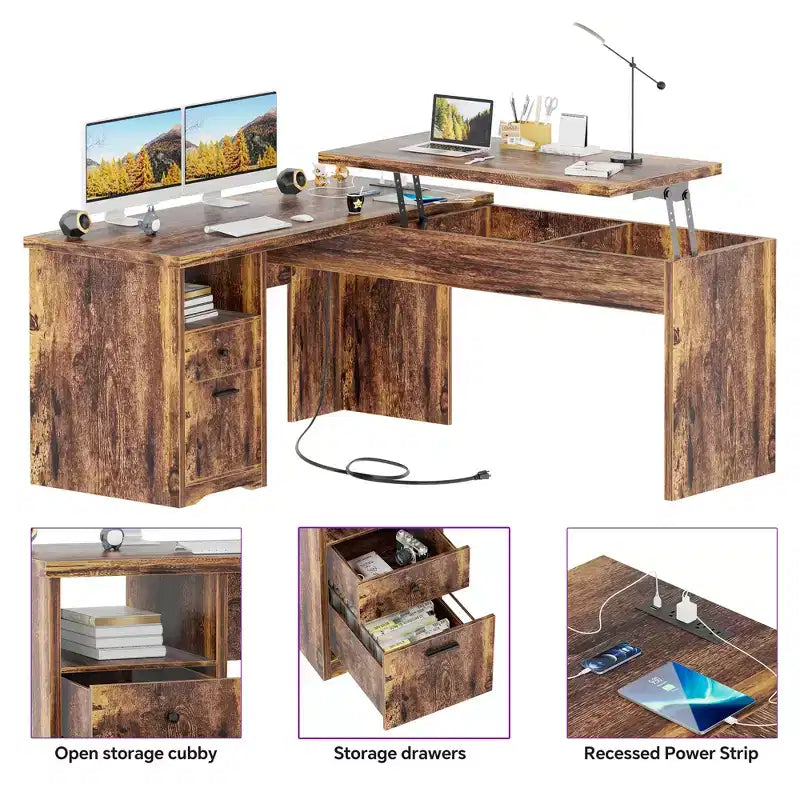 Scrivania per computer con piano sollevabile da 56'' con cassetti e prese di corrente