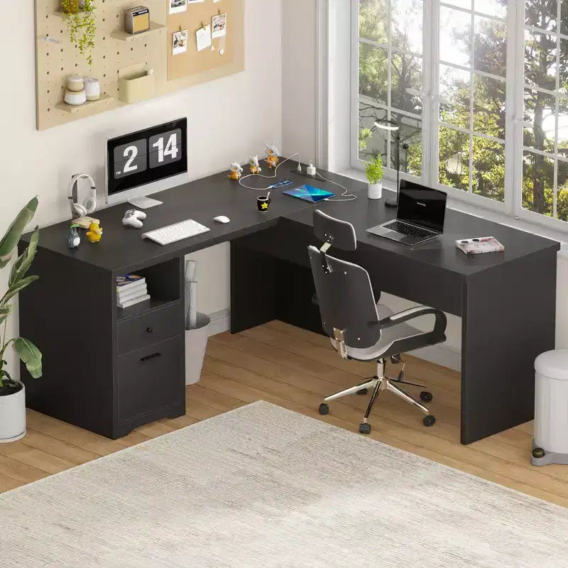 Besiost 56'' Lift Top Computer Desk with Drawers and Power Outlets, Lift Top