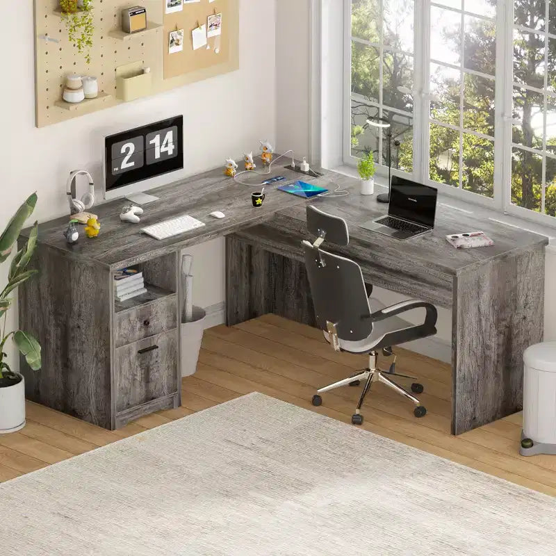 Scrivania per computer con piano sollevabile da 56'' con cassetti e prese di corrente