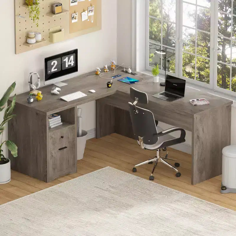 Scrivania per computer con piano sollevabile da 56'' con cassetti e prese di corrente