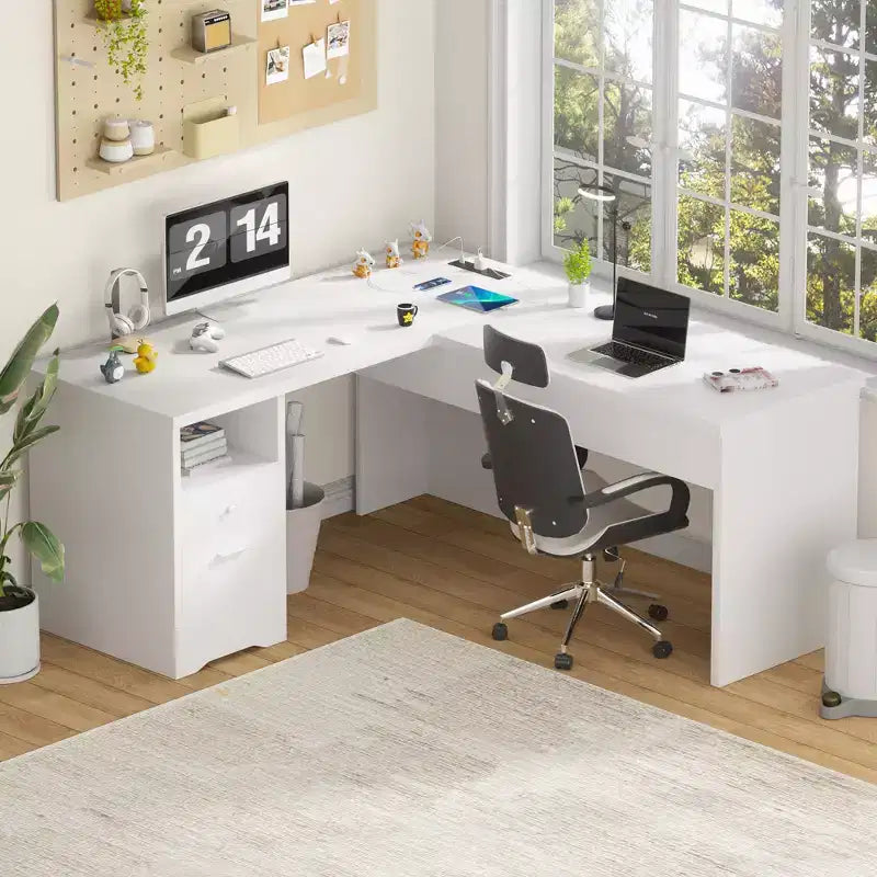 Scrivania per computer con piano sollevabile da 56'' con cassetti e prese di corrente