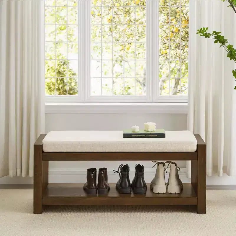 Panca Accent con scarpiera a ripiano inferiore, panca imbottita, panca moderna e compatta da fondo letto con contenitore