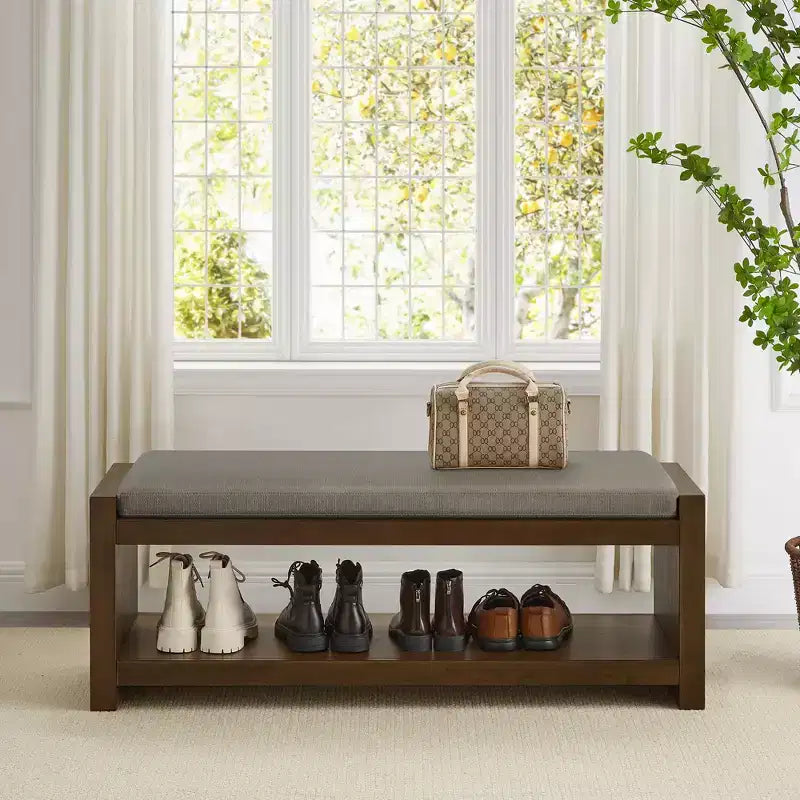 Panca Accent con scarpiera a ripiano inferiore, panca imbottita, panca moderna e compatta da fondo letto con contenitore