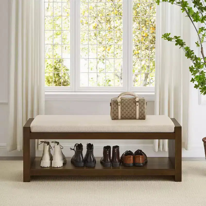 Panca Accent con scarpiera a ripiano inferiore, panca imbottita, panca moderna e compatta da fondo letto con contenitore
