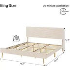 Letto a piattaforma King Size Beige con testiera regolabile, struttura letto in tessuto felpato senza bisogno di rete, design silenzioso, facile da montare