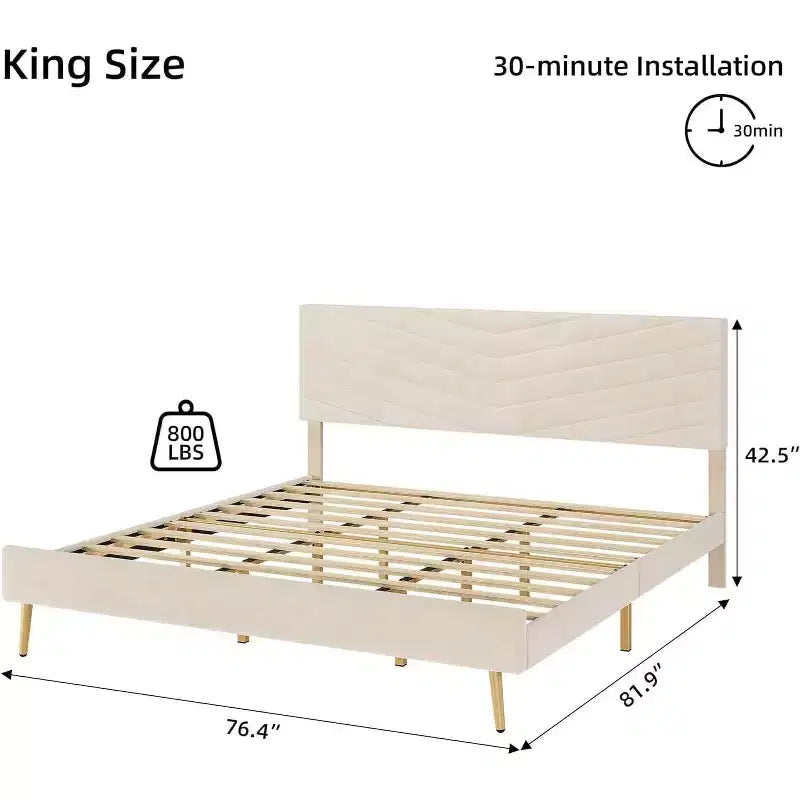 Letto a piattaforma King Size Beige con testiera regolabile, struttura letto in tessuto felpato senza bisogno di rete, design silenzioso, facile da montare