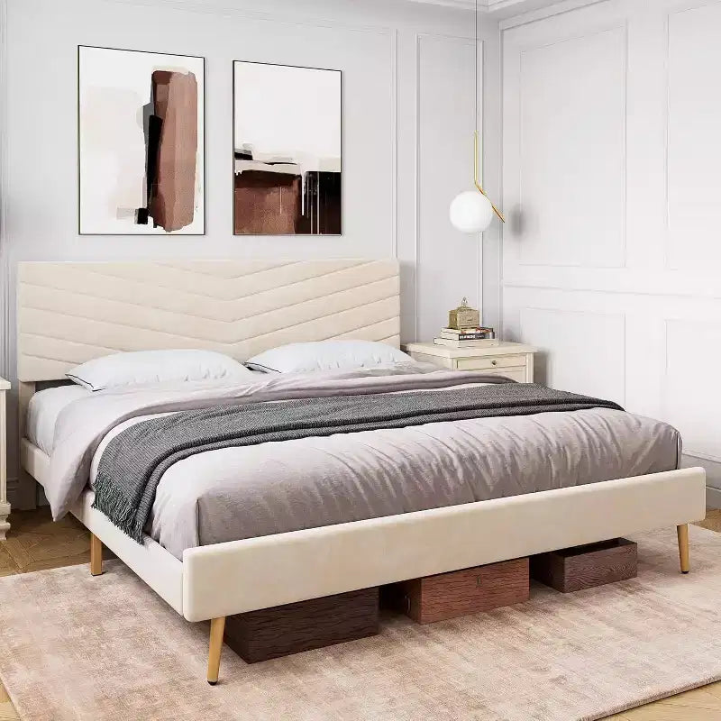 Letto a piattaforma King Size Beige con testiera regolabile, struttura letto in tessuto felpato senza bisogno di rete, design silenzioso, facile da montare