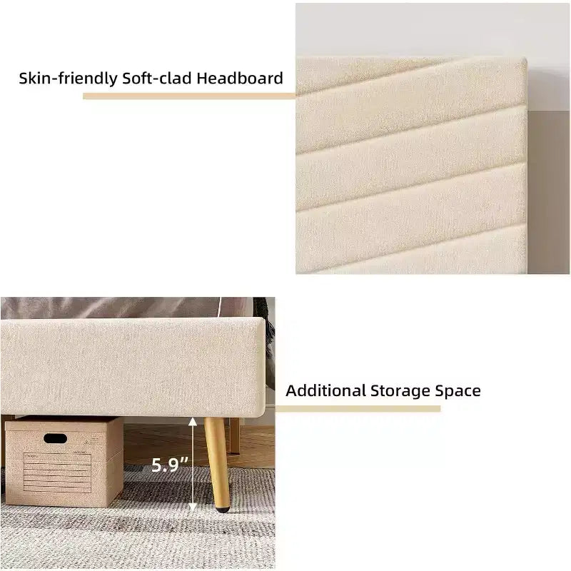 Letto a piattaforma King Size Beige con testiera regolabile, struttura letto in tessuto felpato senza bisogno di rete, design silenzioso, facile da montare
