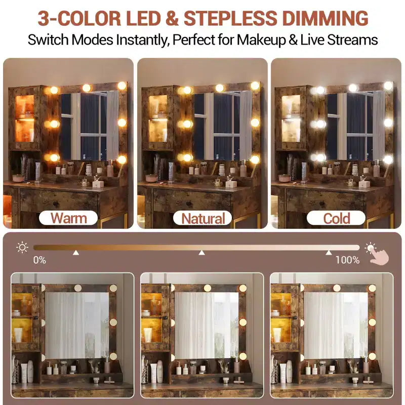 Tavolo da trucco con specchio e luci, toeletta con stazione di ricarica, illuminazione RGB e a 3 colori, 2 armadietti, 2 ripiani aperti, per camera da letto