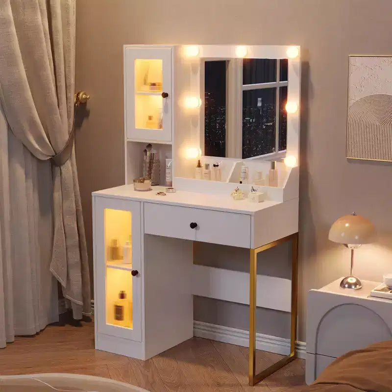 Tavolo da trucco con specchio e luci, toeletta con stazione di ricarica, illuminazione RGB e a 3 colori, 2 armadietti, 2 ripiani aperti, per camera da letto