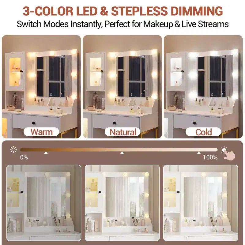 Tavolo da trucco con specchio e luci, toeletta con stazione di ricarica, illuminazione RGB e a 3 colori, 2 armadietti, 2 ripiani aperti, per camera da letto