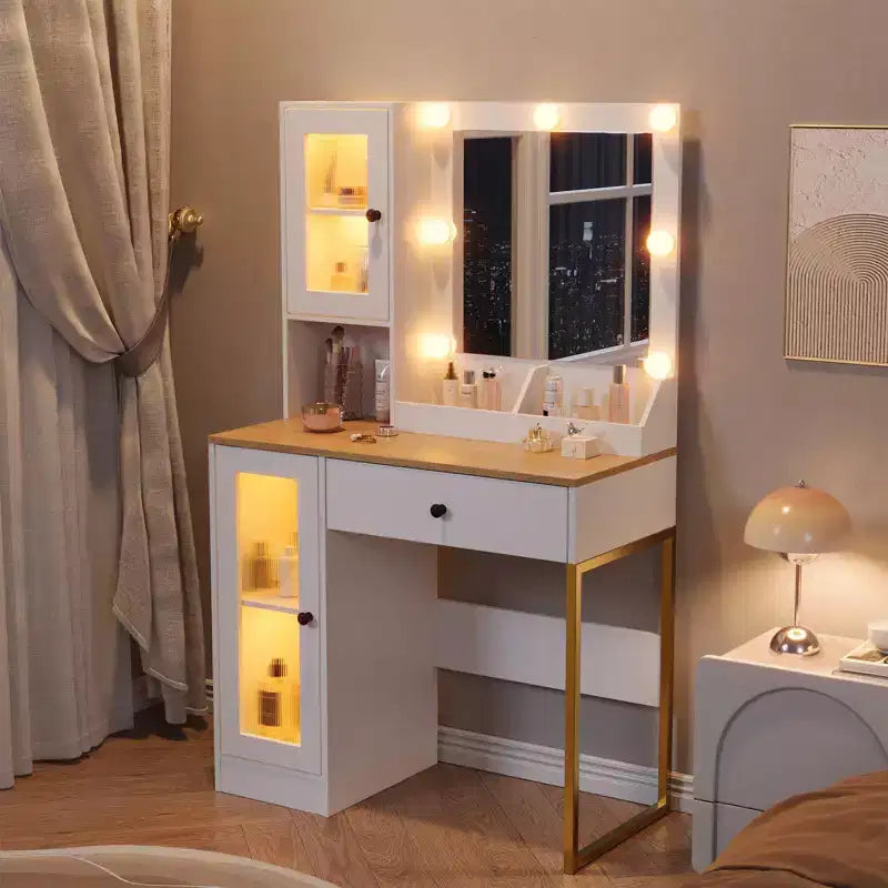 Tavolo da trucco con specchio e luci, toeletta con stazione di ricarica, illuminazione RGB e a 3 colori, 2 armadietti, 2 ripiani aperti, per camera da letto