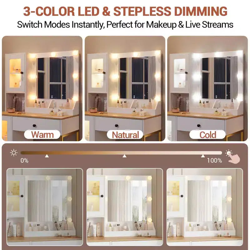 Tavolo da trucco con specchio e luci, toeletta con stazione di ricarica, illuminazione RGB e a 3 colori, 2 armadietti, 2 ripiani aperti, per camera da letto