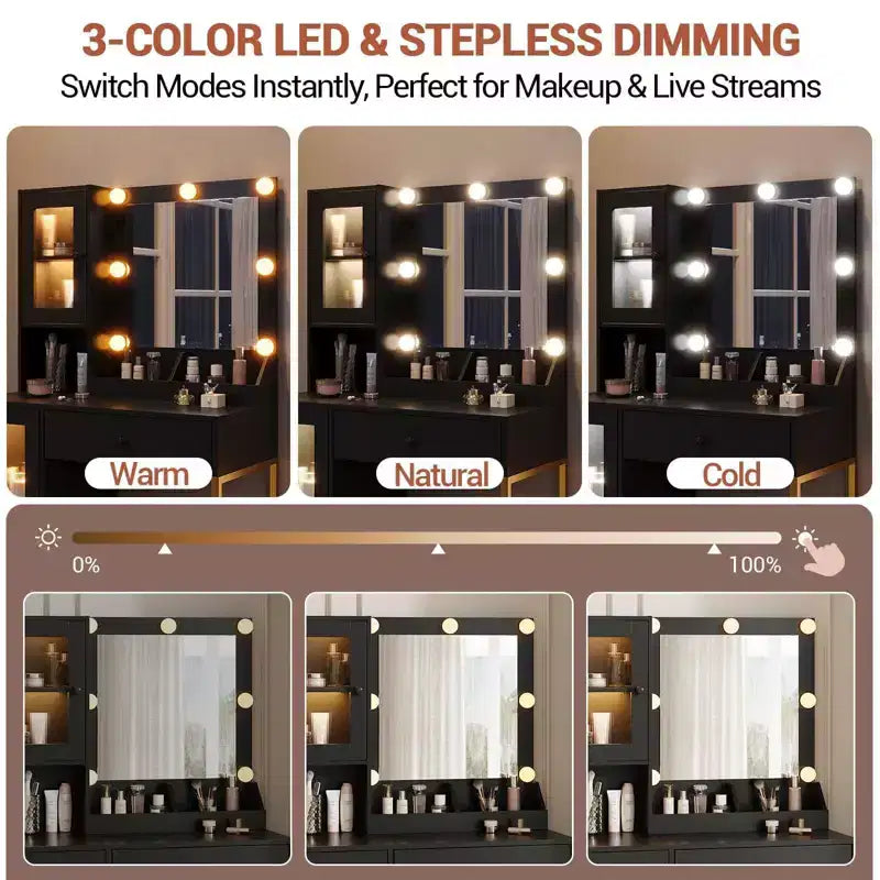 Tavolo da trucco con specchio e luci, toeletta con stazione di ricarica, illuminazione RGB e a 3 colori, 2 armadietti, 2 ripiani aperti, per camera da letto