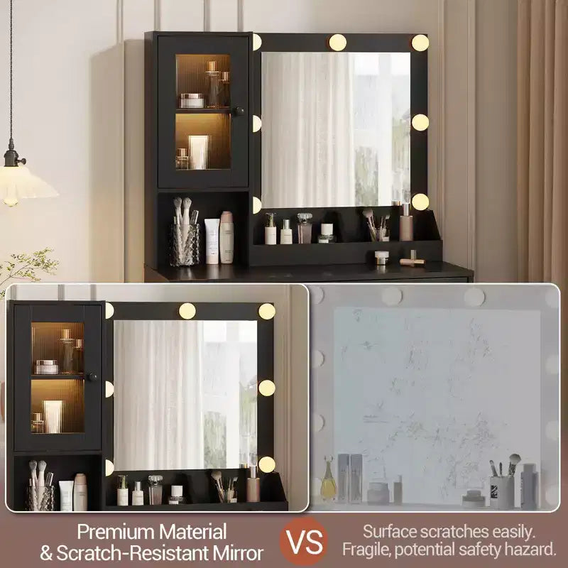 Tavolo da trucco con specchio e luci, toeletta con stazione di ricarica, illuminazione RGB e a 3 colori, 2 armadietti, 2 ripiani aperti, per camera da letto