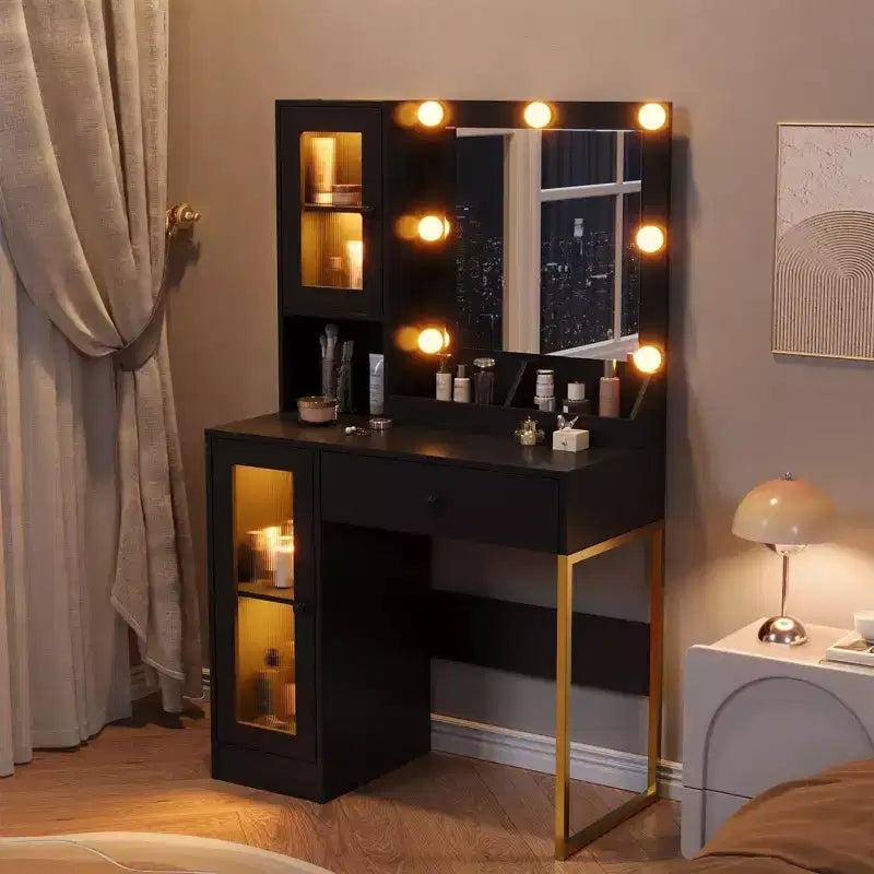 Tavolo da trucco con specchio e luci, toeletta con stazione di ricarica, illuminazione RGB e a 3 colori, 2 armadietti, 2 ripiani aperti, per camera da letto