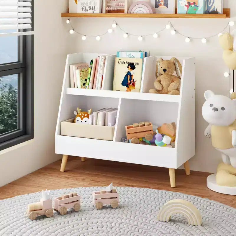 Libreria e contenitore per giocattoli per bambini, libreria aperta in legno a 5 scomparti, organizzatore espositivo per bambini a 2 livelli con gambe, bianco autoportante