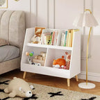 Libreria e contenitore per giocattoli per bambini, libreria aperta in legno a 5 scomparti, organizzatore espositivo per bambini a 2 livelli con gambe, bianco autoportante