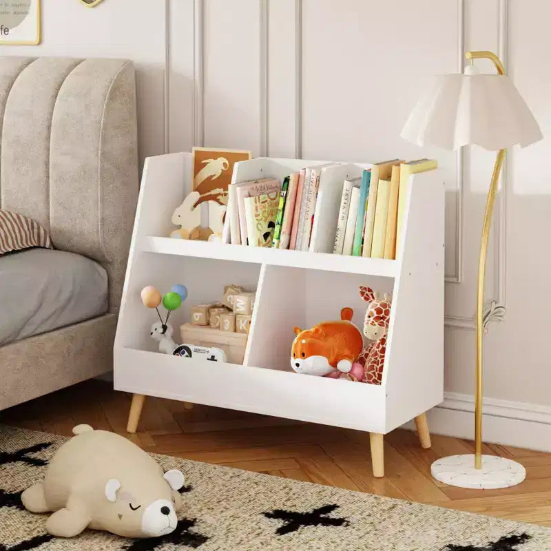 Libreria e contenitore per giocattoli per bambini, libreria aperta in legno a 5 scomparti, organizzatore espositivo per bambini a 2 livelli con gambe, bianco autoportante