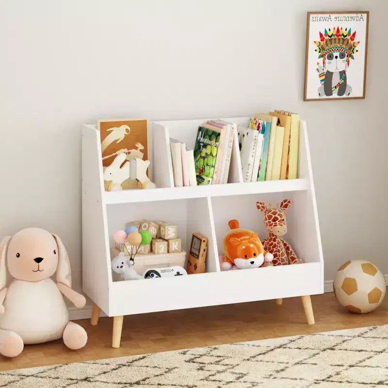 Libreria e contenitore per giocattoli per bambini, libreria aperta in legno a 5 scomparti, organizzatore espositivo per bambini a 2 livelli con gambe, bianco autoportante