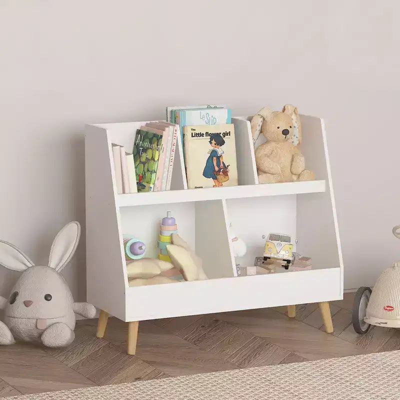 Libreria e contenitore per giocattoli per bambini, libreria aperta in legno a 5 scomparti, organizzatore espositivo per bambini a 2 livelli con gambe, bianco autoportante