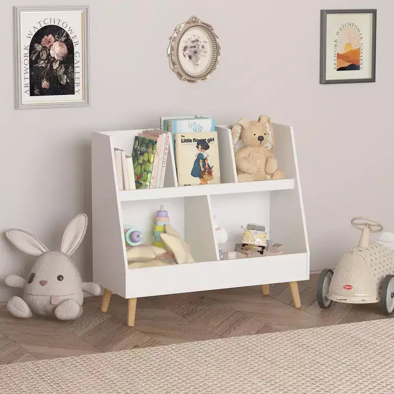 Libreria e contenitore per giocattoli per bambini, libreria aperta in legno a 5 scomparti, organizzatore espositivo per bambini a 2 livelli con gambe, bianco autoportante