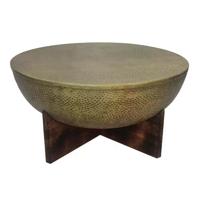 Tavolino da Salotto, Piano Rotondo in Metallo Martellato, Base in Legno di Mango, Ottone Antico