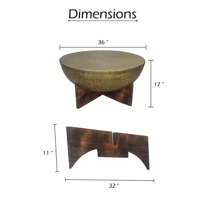 Tavolino da Salotto, Piano Rotondo in Metallo Martellato, Base in Legno di Mango, Ottone Antico