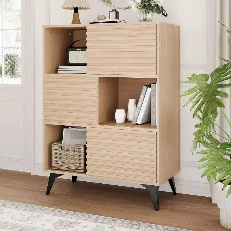 3-Tier Book Shelf & Storage Cabinet - Solid Wood Pantry Cabinet with Adjustable Shelves,Small Storage Cabinet for Living Room, Kitchen