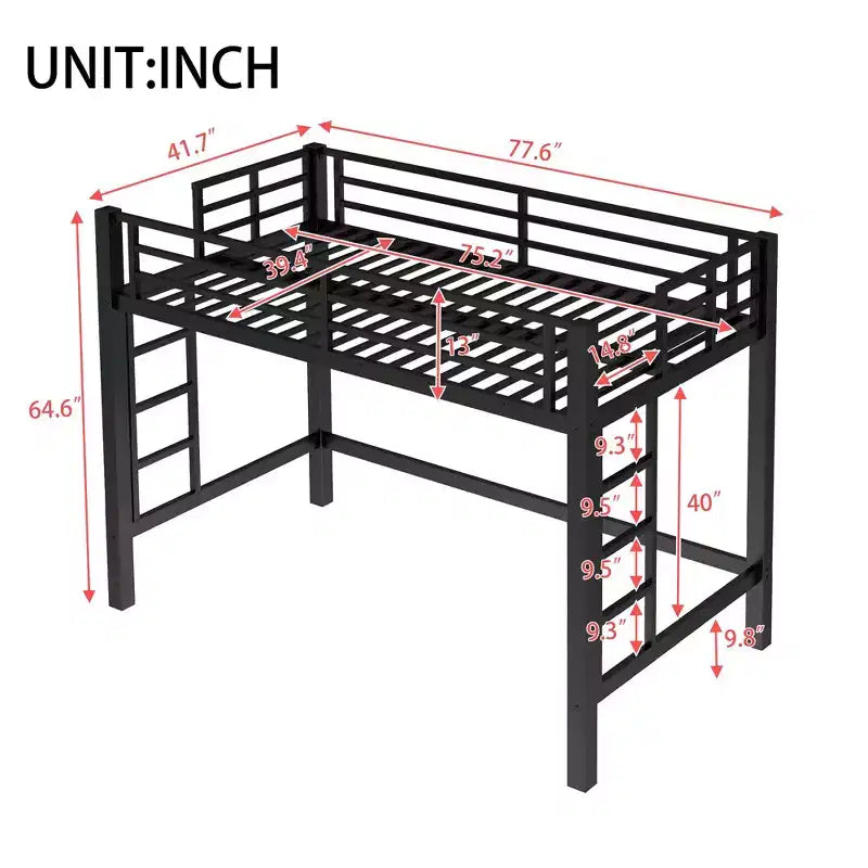 Letto a soppalco in metallo con doppia scala e ringhiere, struttura letto a soppalco di varie misure con spazio aperto sotto il letto per dormitori, camere da letto, nero