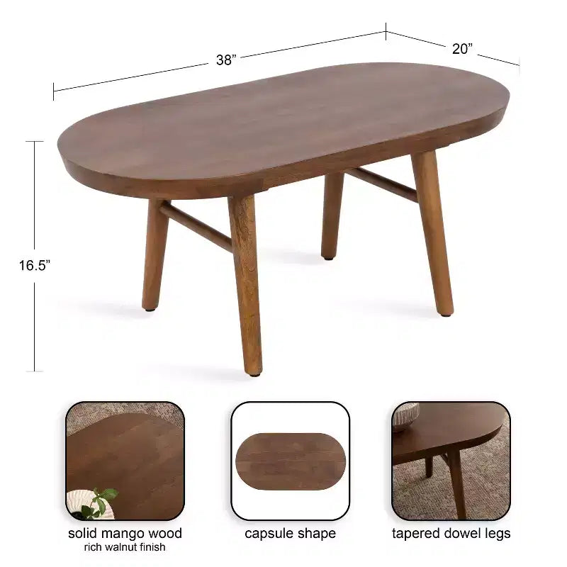 Tavolino da Caffè Ovale in Legno Conan, 38x20x17, Marrone Noce