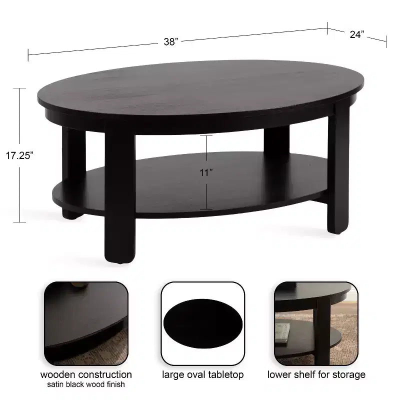 Tavolino da caffè ovale Foxford in legno, 38x24x18, nero