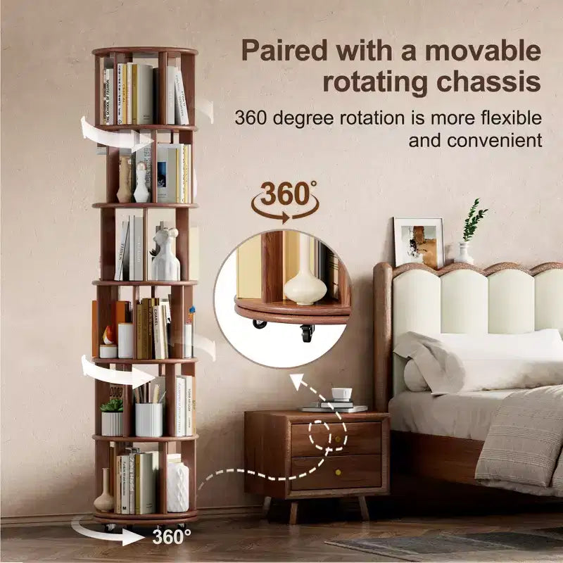 Libreria rotante in legno a 6 livelli, girevole a 360°, per bambini, scaffali stretti con ruote per piccoli spazi, angoli, camere da letto, uffici, noce