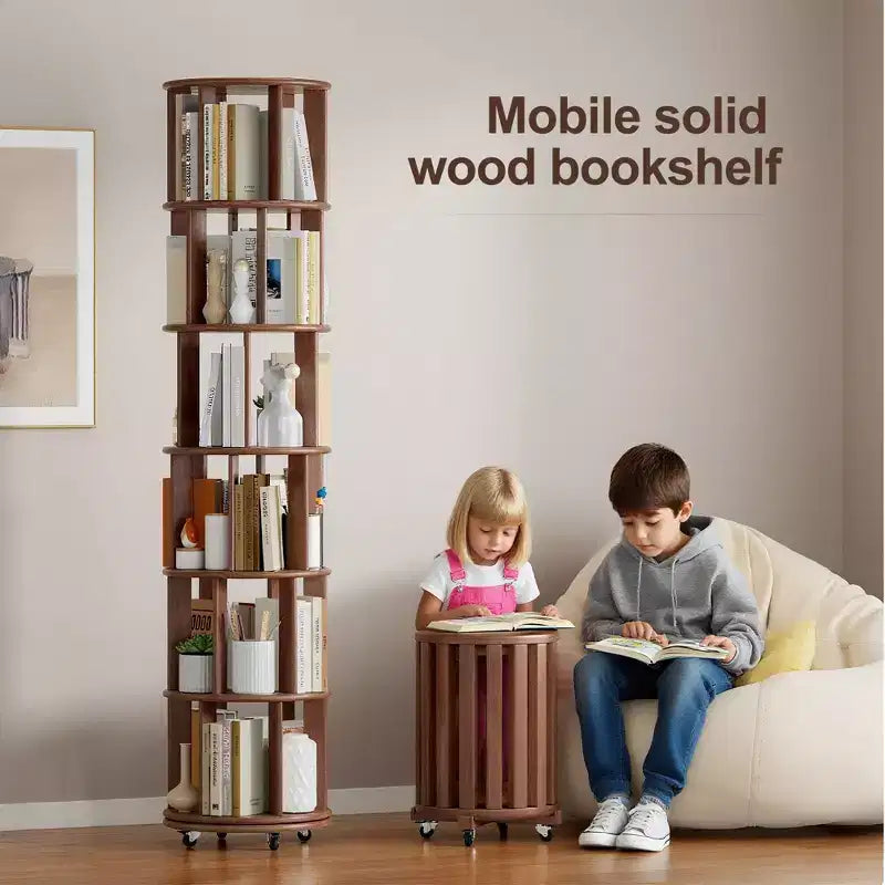 Libreria rotante in legno a 6 livelli, girevole a 360°, per bambini, scaffali stretti con ruote per piccoli spazi, angoli, camere da letto, uffici, noce