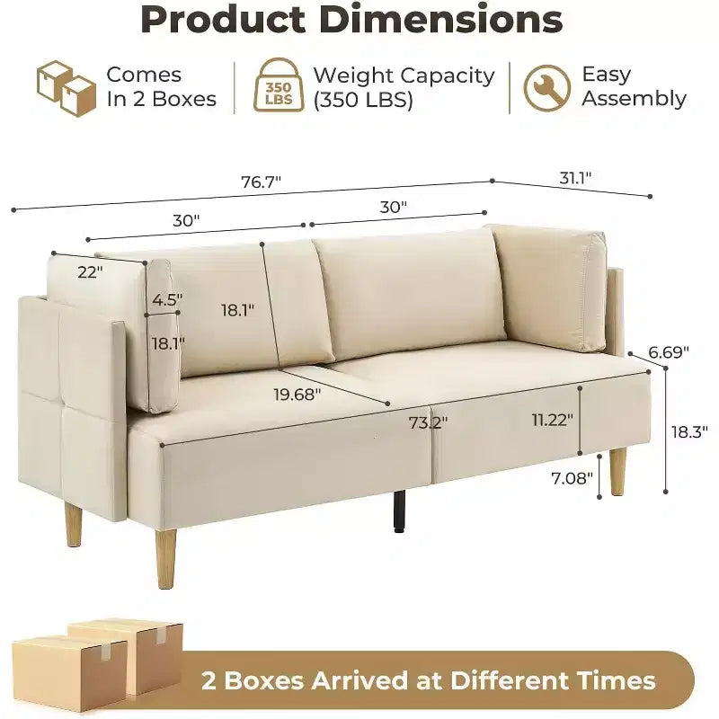 Divanetto in velluto beige da 76", 2 posti oversize con sedute extra profonde e 2 cuscini rimovibili, divano morbido per soggiorno moderno