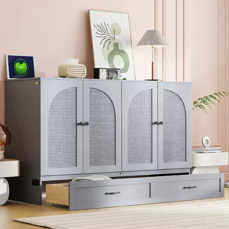 Letto a scomparsa moderno Queen in rattan con ampio cassetto per soggiorno e camera degli ospiti