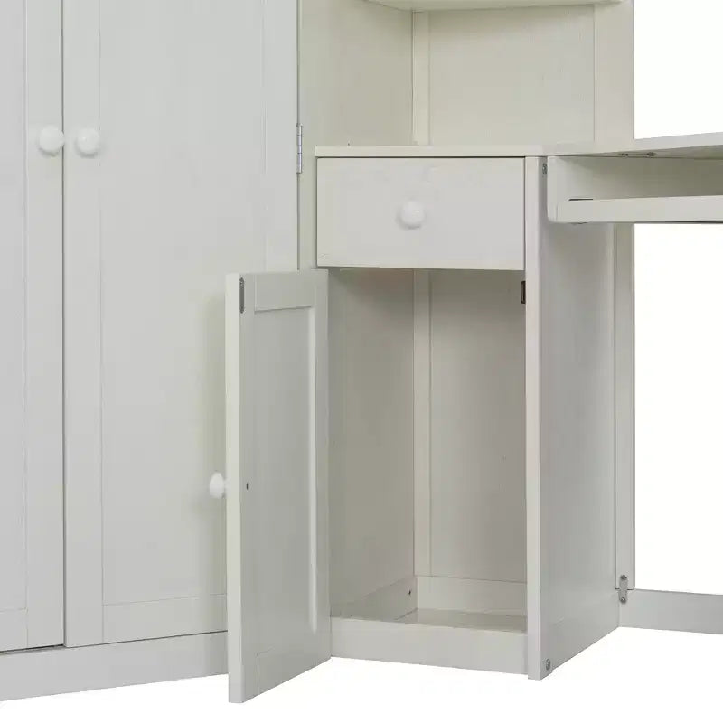 Letto a soppalco singolo tutto in uno con armadio integrato, scrivania, mensole, vassoio per tastiera e faretto