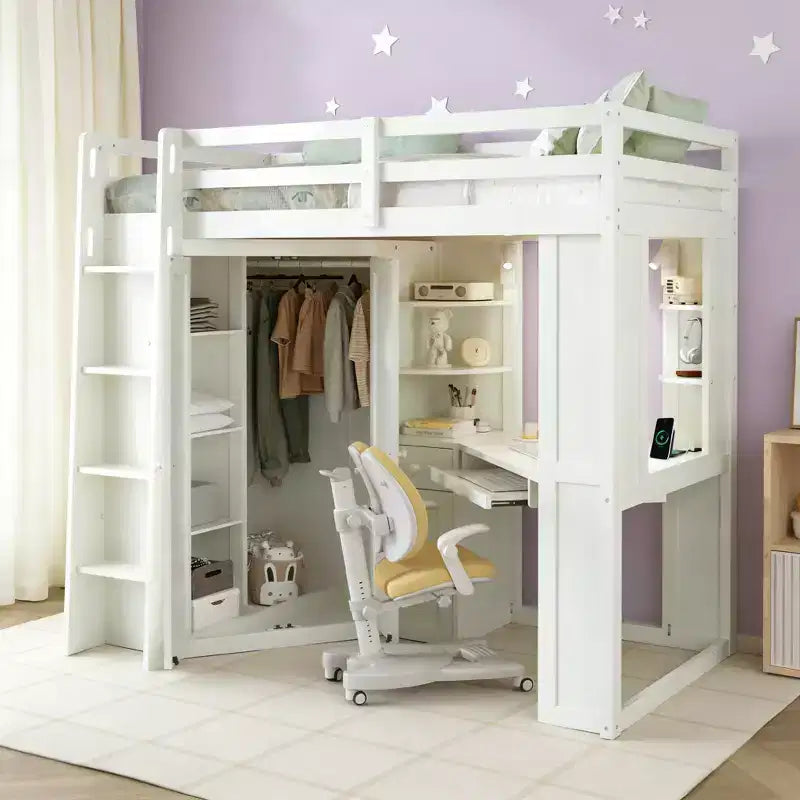 Letto a soppalco singolo tutto in uno con armadio integrato, scrivania, mensole, vassoio per tastiera e faretto