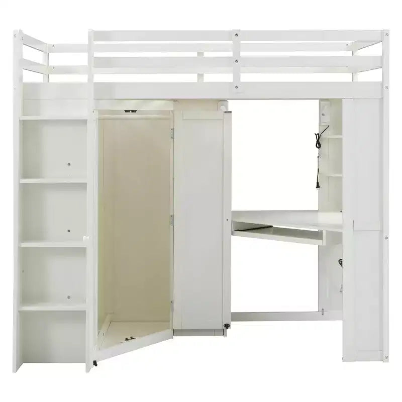 Letto a soppalco singolo tutto in uno con armadio integrato, scrivania, mensole, vassoio per tastiera e faretto