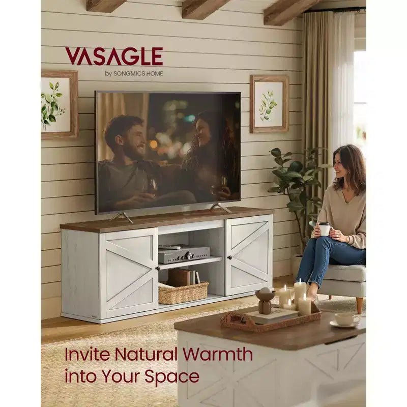 Mobile porta TV stile rustico per TV fino a 80 pollici, mobile TV con armadietti, mobile consolle multimediale, bianco rustico e marrone miele