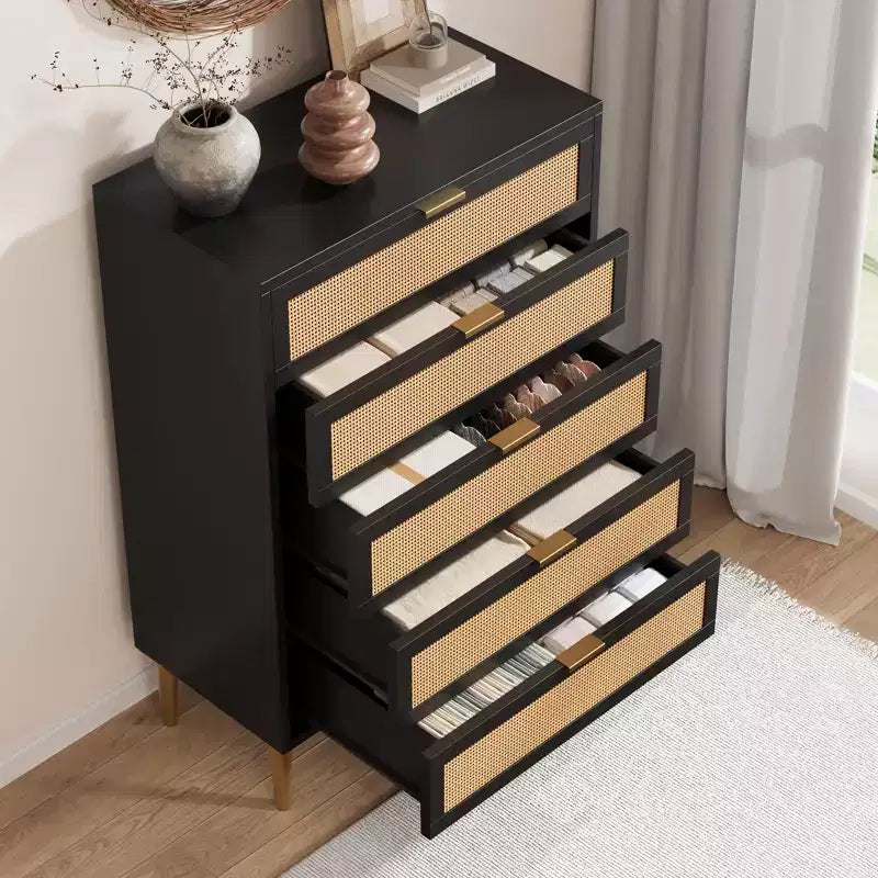Cassettiera a 5 cassetti in Rattan con Gambe Dorate, Cassettiera Alta per Camera da Letto e Soggiorno